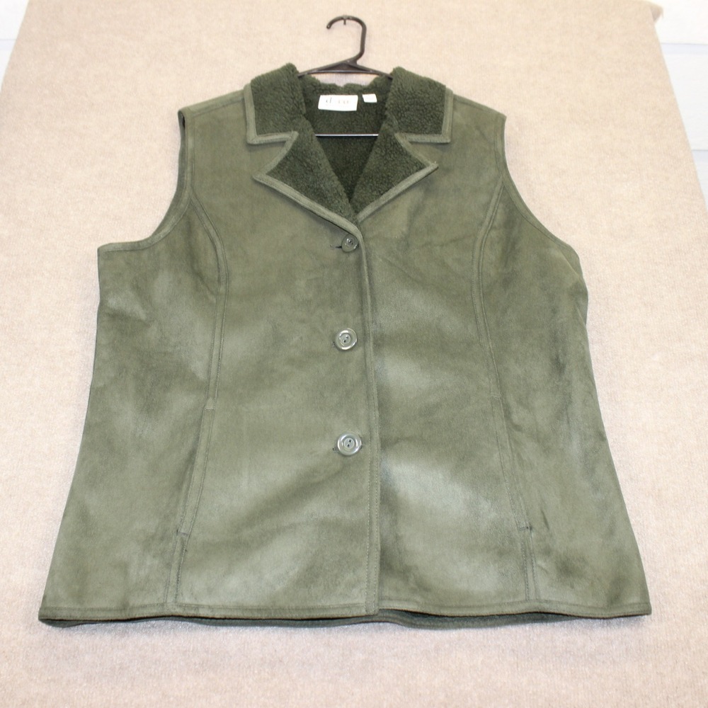 Denim & Co Olive Green Faux Suede Sherpa Lined Vest Large Button Front Fleece